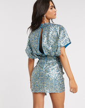 Load image into Gallery viewer, ASOS DESIGN kimono mini dress with tie side in all over multi sequin in base blue
