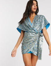 Load image into Gallery viewer, ASOS DESIGN kimono mini dress with tie side in all over multi sequin in base blue
