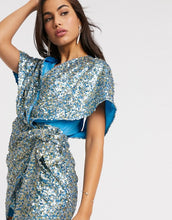 Load image into Gallery viewer, ASOS DESIGN kimono mini dress with tie side in all over multi sequin in base blue
